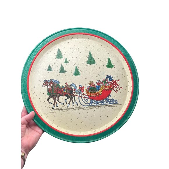 Vintage 1988 Potpourri Press Metal Christmas Tray Sleigh Ride 13.5” Round - Picture 1 of 6